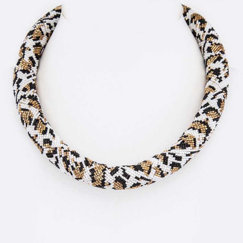 White & Gold Leopard Seed Beads Rope Choker Statement Necklace